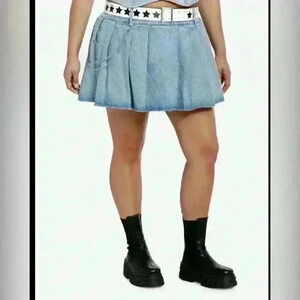 Trendy Pleated Denim Mini Skirt Size M Y2K 90s Indie Streetwear Jean Skater